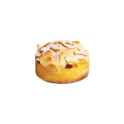 Gâteau individuel rond garni d'amandes effilées et de sucre glace, sur fond blanc