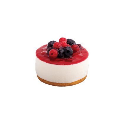 Mini cheesecake avec base biscuitée, garniture de crème blanche, glaçage aux fruits rouges, décoré de myrtilles et au...