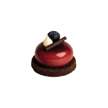 Dessert mousse rouge brillant sur base de crumble chocolat, garni de myrtille, tourbillon de chocolat blanc et bâtonn...