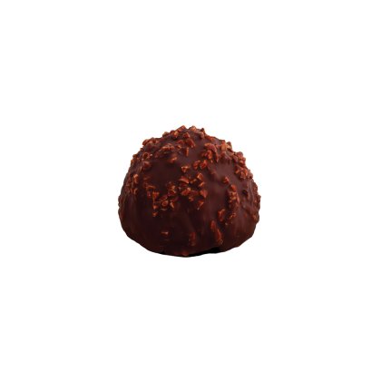Truffe ronde en chocolat noir enrobée d'éclats de cacao croustillants, fond blanc.