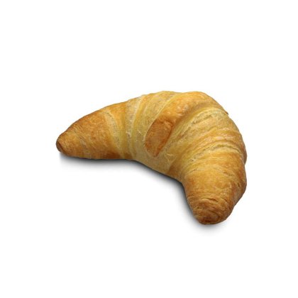 Croissant doré et croustillant en forme de croissant de lune, sur fond blanc.
