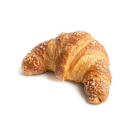 Croissant doré, en forme incurvée et feuilletée, enrobé de sucre cristallisé grossier, sur fond blanc.
