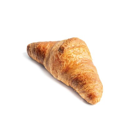 Croissant doré et croustillant à la texture feuilletée, sur fond blanc.