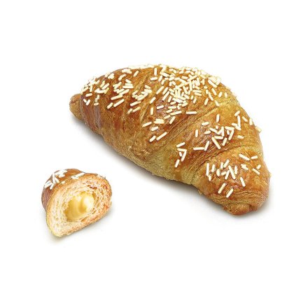Croissant doré parsemé de vermicelles blancs, avec un petit morceau ouvert révélant une garniture crémeuse à la vanille.