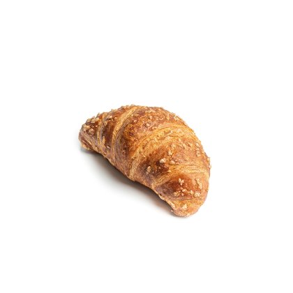 Croissant doré incurvé, recouvert de sucre grain, sur fond blanc.