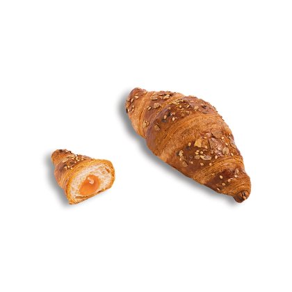 Croissant entier garni de graines et de fruits secs à côté d'un croissant coupé au fourrage de fruit orange.