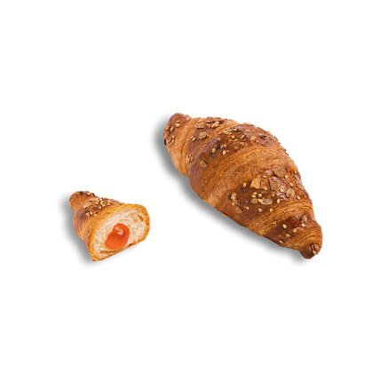 Deux croissants multicéréales fourrés à l'abricot, un entier et un coupé montrant le fruit, fond blanc
