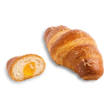 croissant pretzel doré au sucre grain, entier et coupé révélant une garniture à la confiture d'abricot