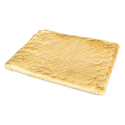 Plaque rectangulaire de pâte à pain plat dorée et piquée, à surface texturée, sur fond blanc.