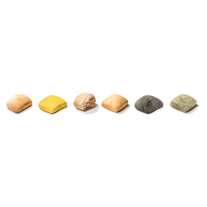 Six petits pains carrés alignés, aux couleurs allant du beige et jaune au noir charbon et vert sur fond blanc