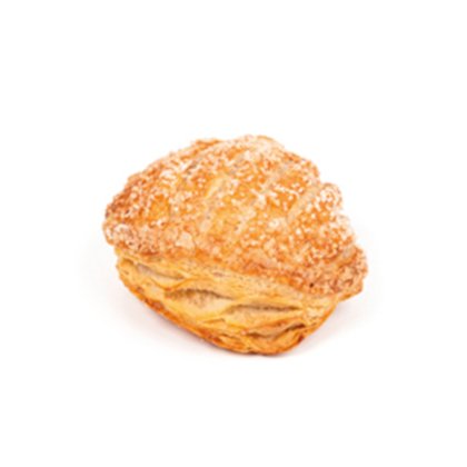 Pâte feuilletée dorée et croustillante, croûte sucrée quadrillée, sur fond blanc