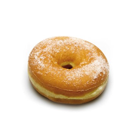 Beignet doré en anneau enrobé de sucre granulé, sur fond blanc