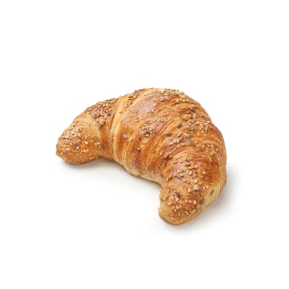 Croissant doré garni de graines variées, en forme de croissant de lune, fond blanc.
