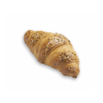 Croissant doré et croustillant garni d'un mélange de sésame et de graines de pavot, fond blanc