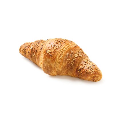 Croissant multicéréales doré, garni de graines et d'avoine, sur fond blanc.