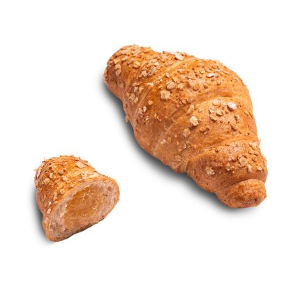 Croissant complet garni de flocons d'avoine, à côté d'un morceau plus petit ouvert révélant une garniture à l'abricot