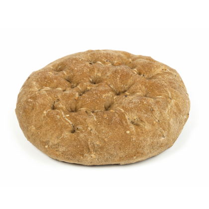 Pain plat rond en blé complet avec alvéoles, croûte dorée, sur fond blanc