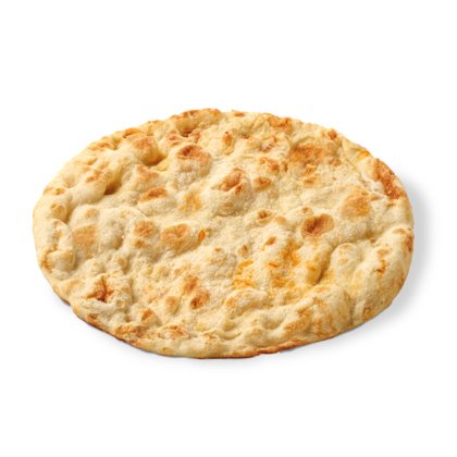 Pain plat rond doré à croûte texturée et bullée, sur fond blanc