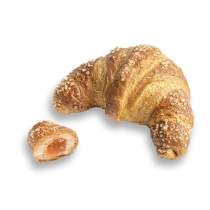 Croissant doré enrobé de sucre grossier, avec un petit morceau coupé révélant une garniture à l'abricot.