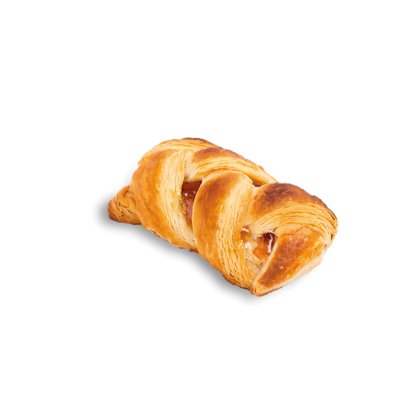 Pâtisserie tressée à croûte dorée avec garniture de fruits visible, fond blanc.