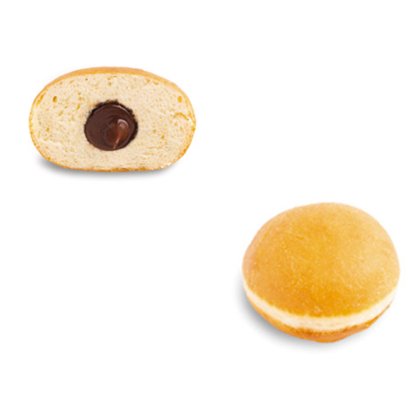 Beignet rond doré fourré, présenté entier et coupé en deux révélant le fourrage au chocolat