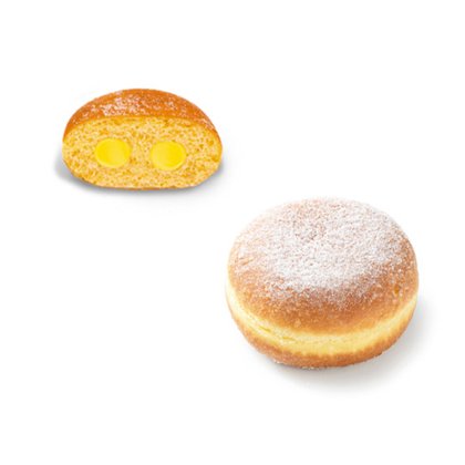 Beignet saupoudré de sucre glace à côté d'une coupe montrant deux poches de crème pâtissière jaune.