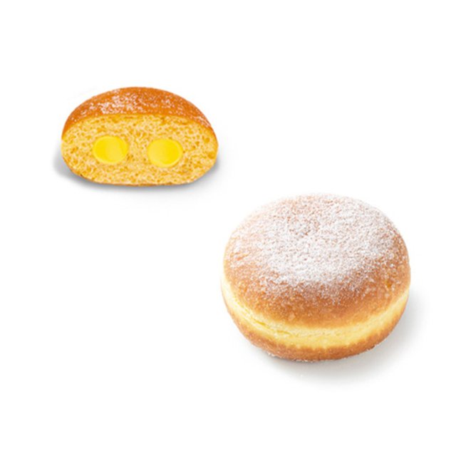 Beignet saupoudré de sucre glace à côté d'une coupe montrant deux poches de crème pâtissière jaune.