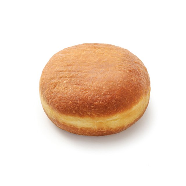 Beignet fourré rond doré sans trou, non glacé, sur fond blanc uni.