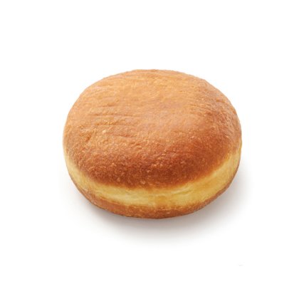 Beignet fourré rond doré sans trou, non glacé, sur fond blanc uni.