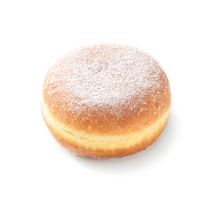 Beignet fourré rond, doré, saupoudré de sucre glace, sur fond blanc