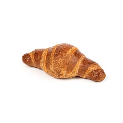 Croissant doré en forme incurvée, photographié sur fond blanc