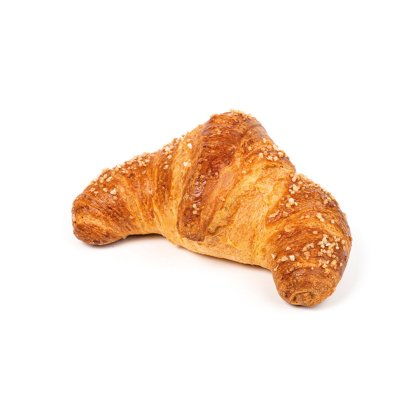 Croissant doré garni de cristaux de sucre croquants, forme incurvée, fond blanc