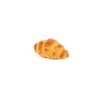 croissant doré aux couches feuilletées et courbées sur fond blanc