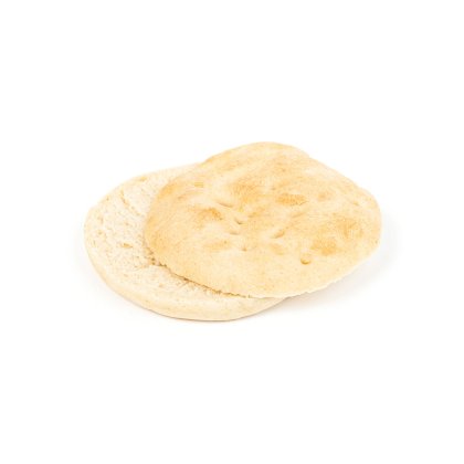 Deux galettes rondes au dessus doré empilées légèrement de travers sur fond blanc