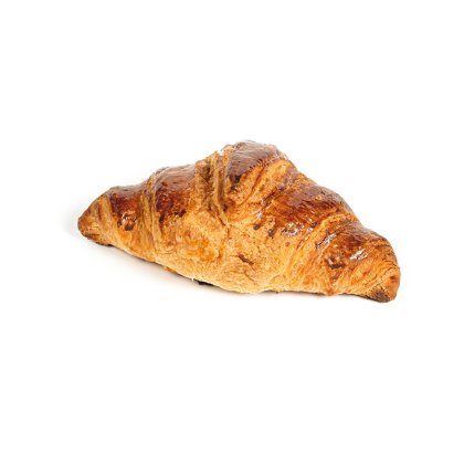 Croissant doré cuit au four, croûte brillante et croustillante, fond blanc