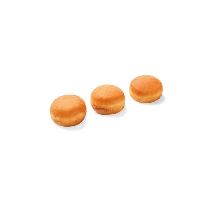 Trois donut holes nature sans garniture ni décoration, disposés en diagonale sur fond blanc.