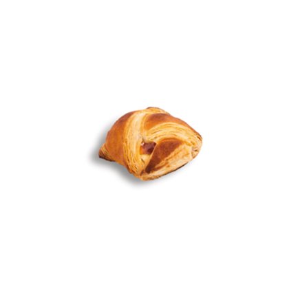 Mini croissant doré laissant apparaître un soupçon de garniture à la confiture rouge, fond blanc