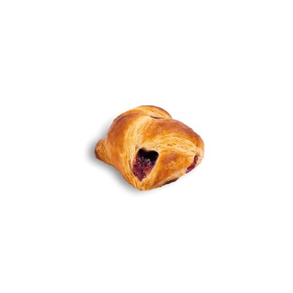 rouleau feuilleté doré et croustillant fourré à la confiture de fruits rouges foncés, fond blanc.