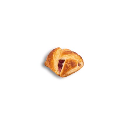 rouleau pâtissier doré avec garniture framboise visible à la coupe, fond blanc