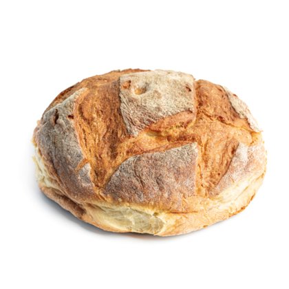Pain artisanal rond et croustillant, croûte dorée striée et farinée, fond blanc