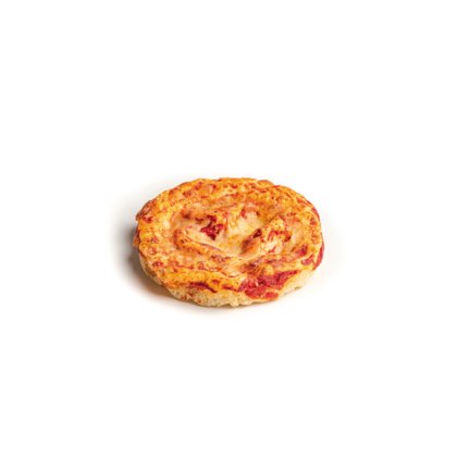 Mini pizza ronde avec fromage fondu et sauce tomate, bords de croûte dorés, fond blanc