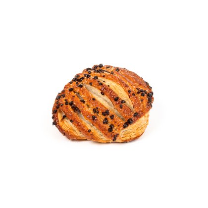 Rouleau feuilleté doré et croustillant garni de graines de pavot et sucre grossier, fond blanc