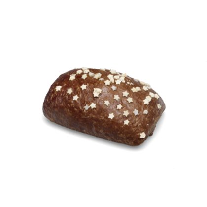 Mini cake au pain d'épices glacé, décoré de sucre en forme d'étoiles, fond blanc