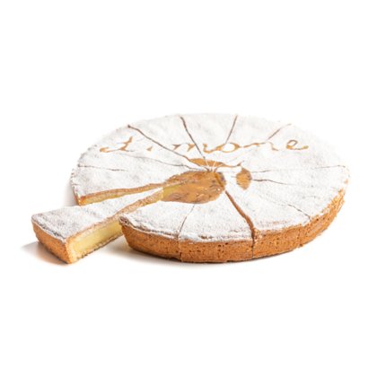 Gâteau rond au citron saupoudré de sucre glace, "limone" écrit en cursive, avec une part coupée et retirée.