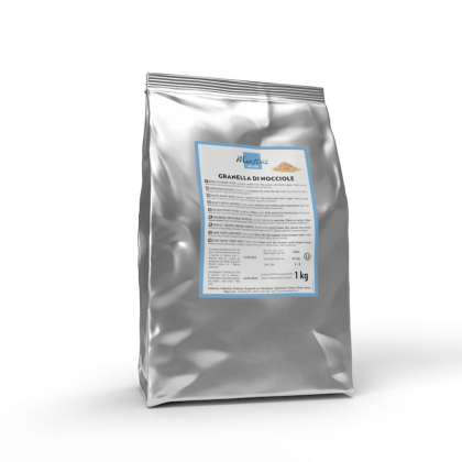 Sachet argenté 1kg Martini Granella di Nocciole, noisettes concassées, étiquette bleue, fond blanc