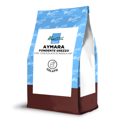Sachet stand-up de Martini Gelato Aymara Fondente Grezzo au chocolat Modica IGP, emballage bleu clair et marron.