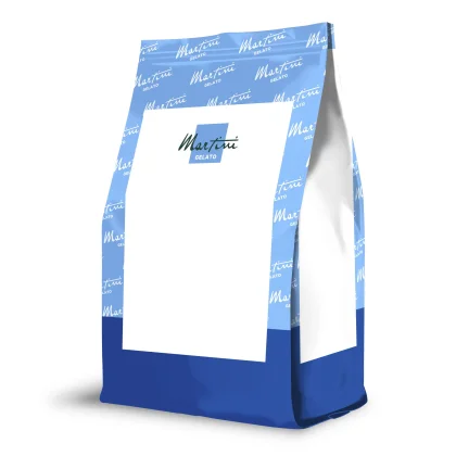 Sachet doypack bleu et blanc avec le logo "Martini Gelato" sur étiquette blanche vierge, maquette du produit.