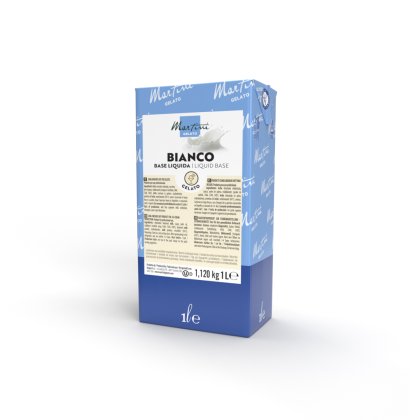 Brique bleue et blanche de 1 litre de base liquide Martini Gelato Bianco pour glacerie professionnelle.