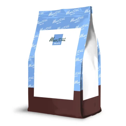 Sachet debout à motif bleu clair en haut, étiquette blanche "Martini Gelato", fond marron uni
