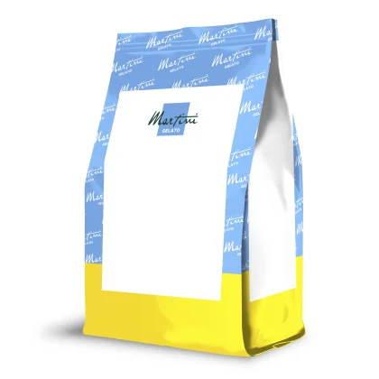 Maquette de sachet stand-up pouch à motifs bleu et jaune en haut et en bas, étiquette blanche vierge "Martini Gelato"